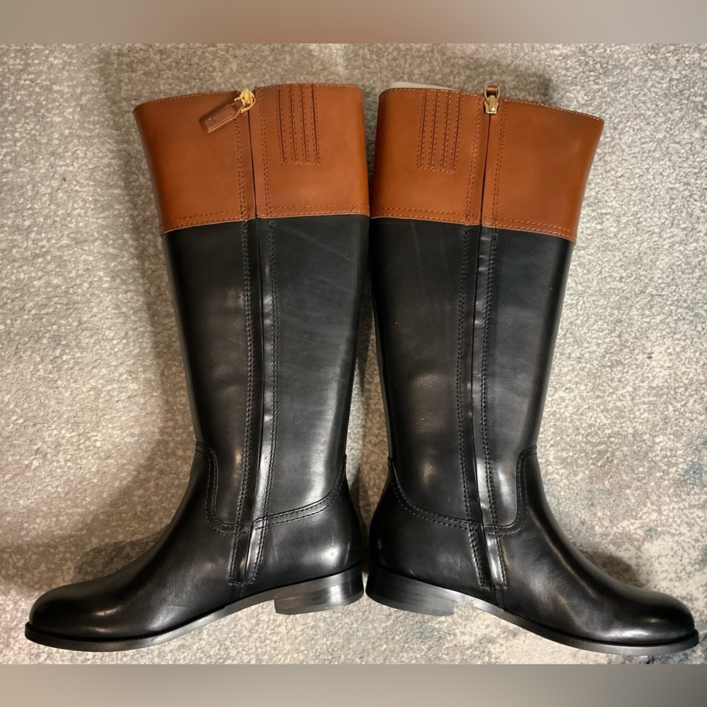 Lauren Ralph Lauren Berdie Leather Riding Boots – Black/Tan - Size 6 WIDE CALF - Picture 9 of 16